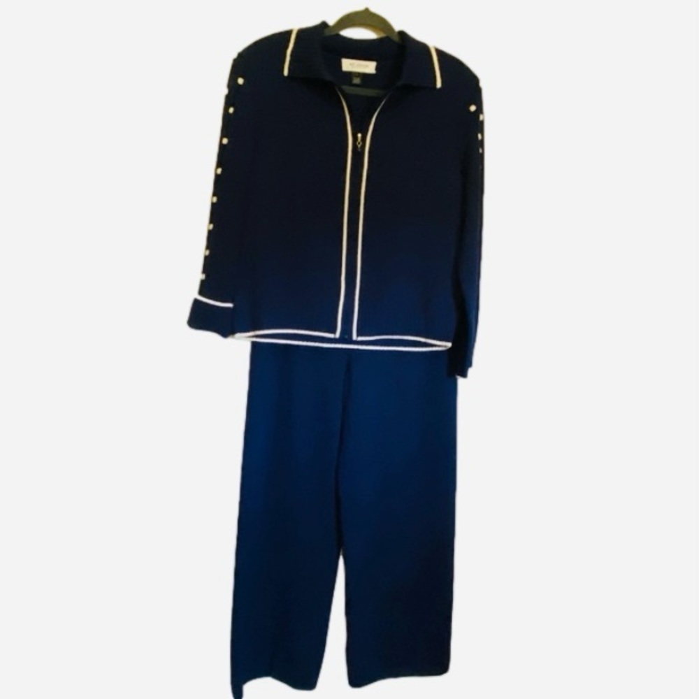 St John Collection‎ Size 10/12 Navy White Wool Knit Jacket and Pant Matching Set